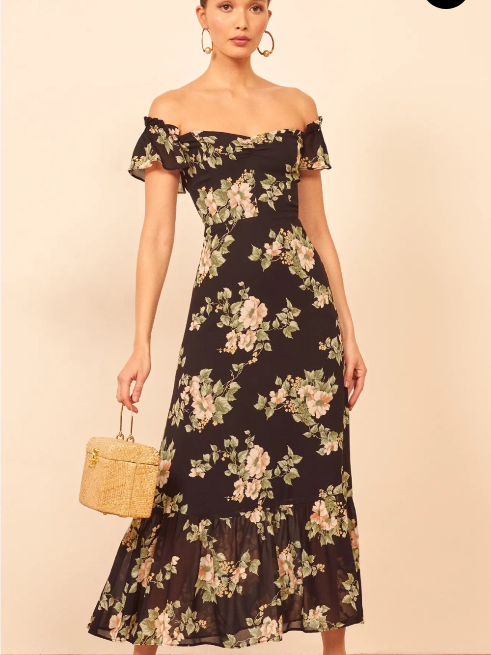 Reformation Black Floral One-Shoulder Midi Dress